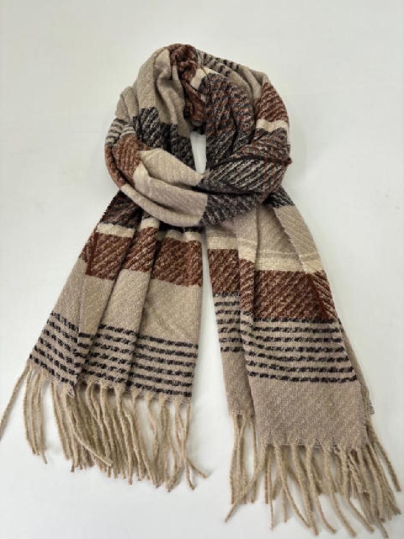 Folded beige, brown, and black plaid woven scarf with long fringe ends on white background