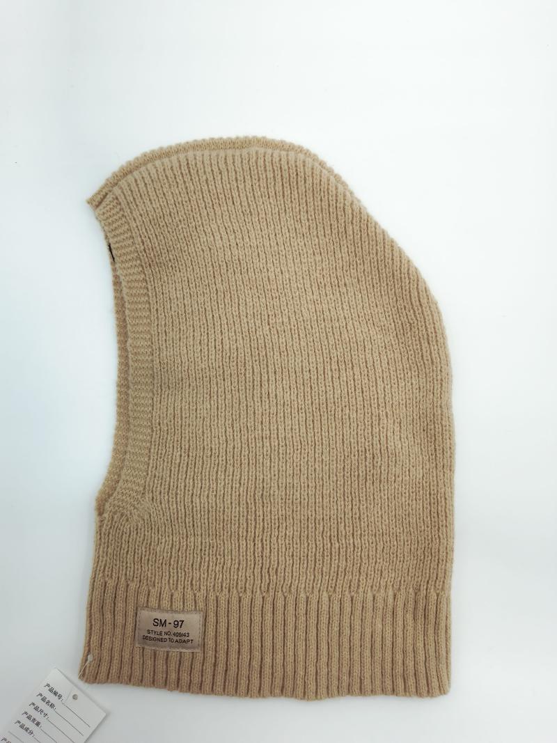 Beige ribbed knit balaclava ski mask laid flat showing SM-97 label, full face winter hat in camel tan color