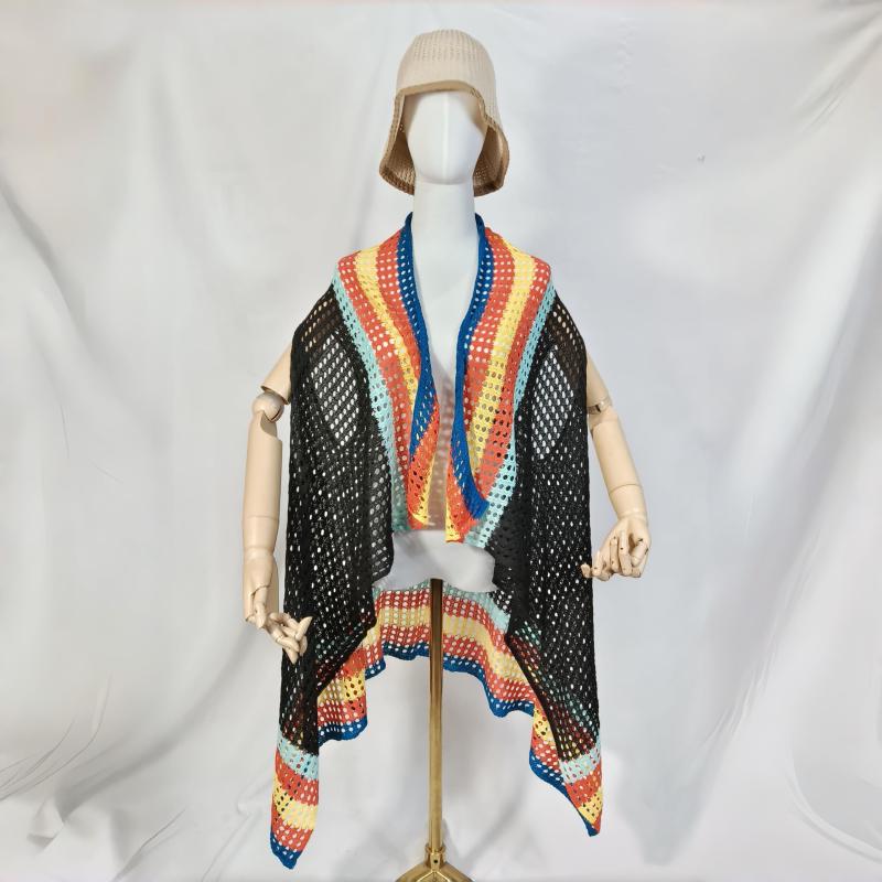 Black crochet mesh open-front vest with multicolor rainbow striped border displayed on mannequin with beige bucket hat