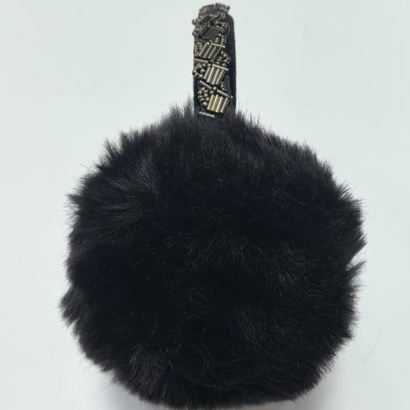 Black fluffy faux fur hair clip barrette with colorful teardrop rhinestone crystals on dark fabric band
