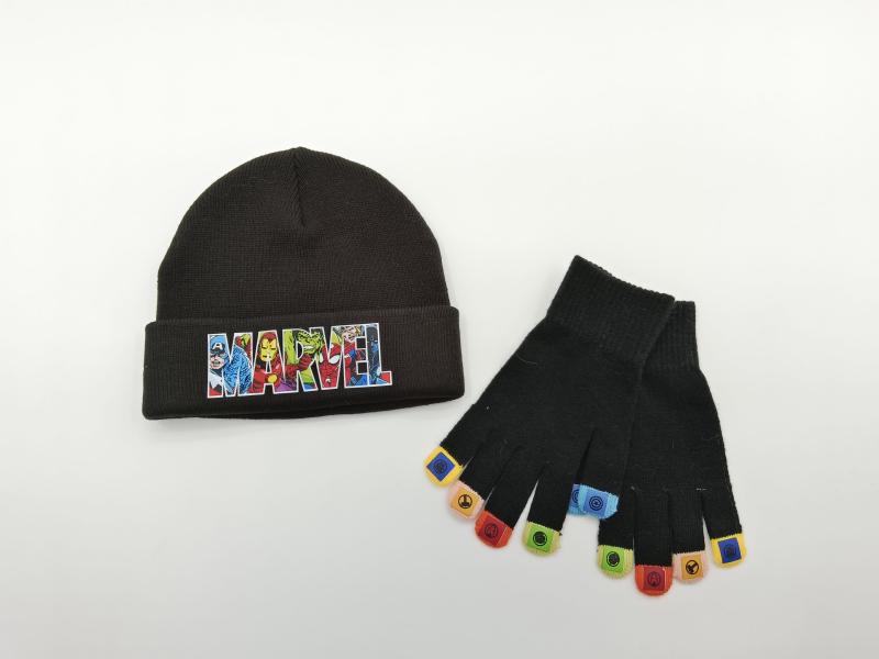 Black knit beanie hat with colorful superhero comic logo patch and matching fingerless gloves with multicolor hero icon fingertips