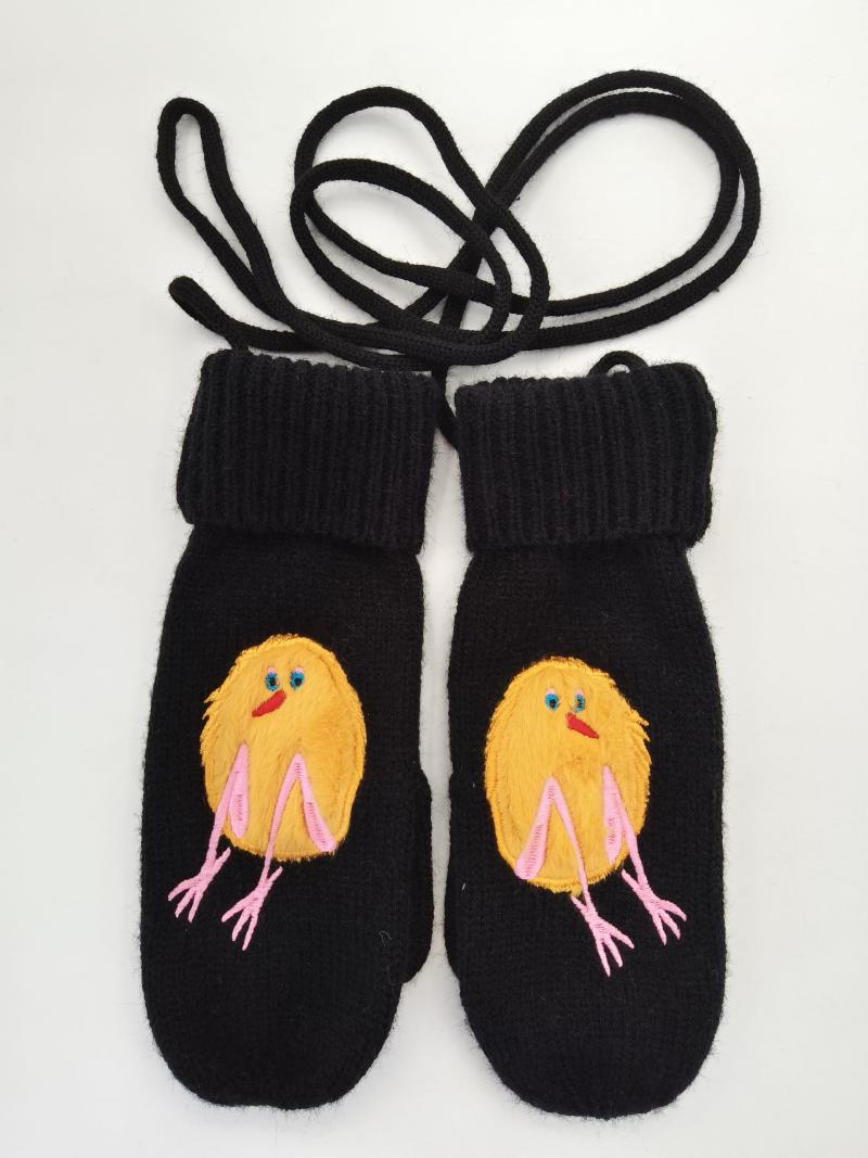 Pair of black wool knit mittens with embroidered yellow baby chick design and pink legs, connected by black neck cord