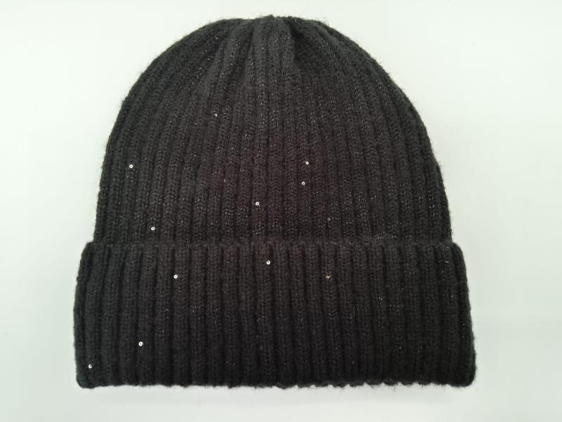 Black chunky ribbed knit beanie hat with scattered sequins and folded cuff, photographed flat on white background