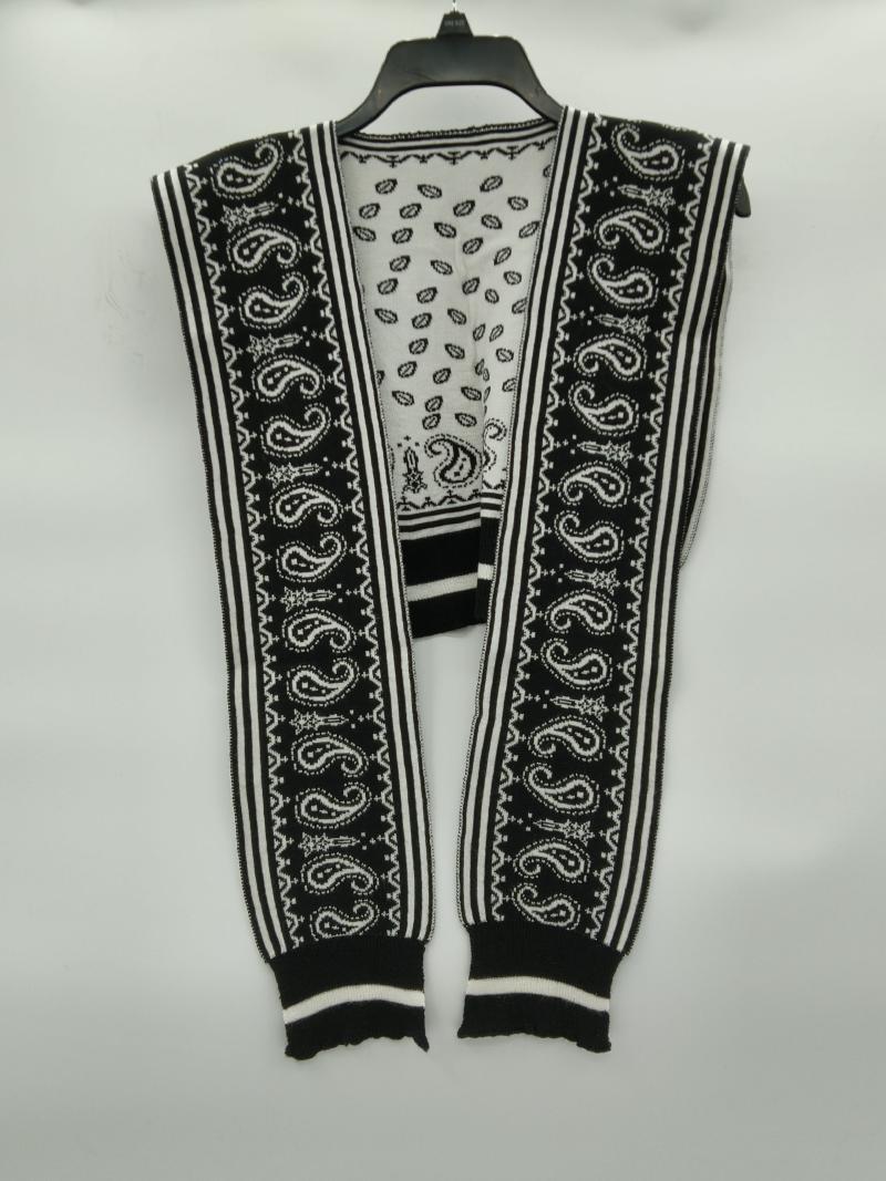Black and white paisley patterned knit sleeveless cardigan vest with stripe trim, displayed open on hanger