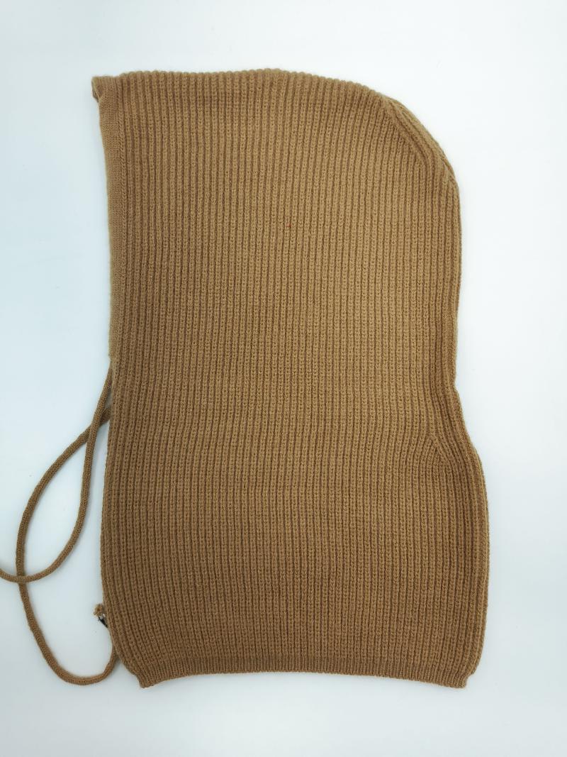 Camel brown ribbed knit balaclava hood with adjustable tie strings, laid flat on white background
