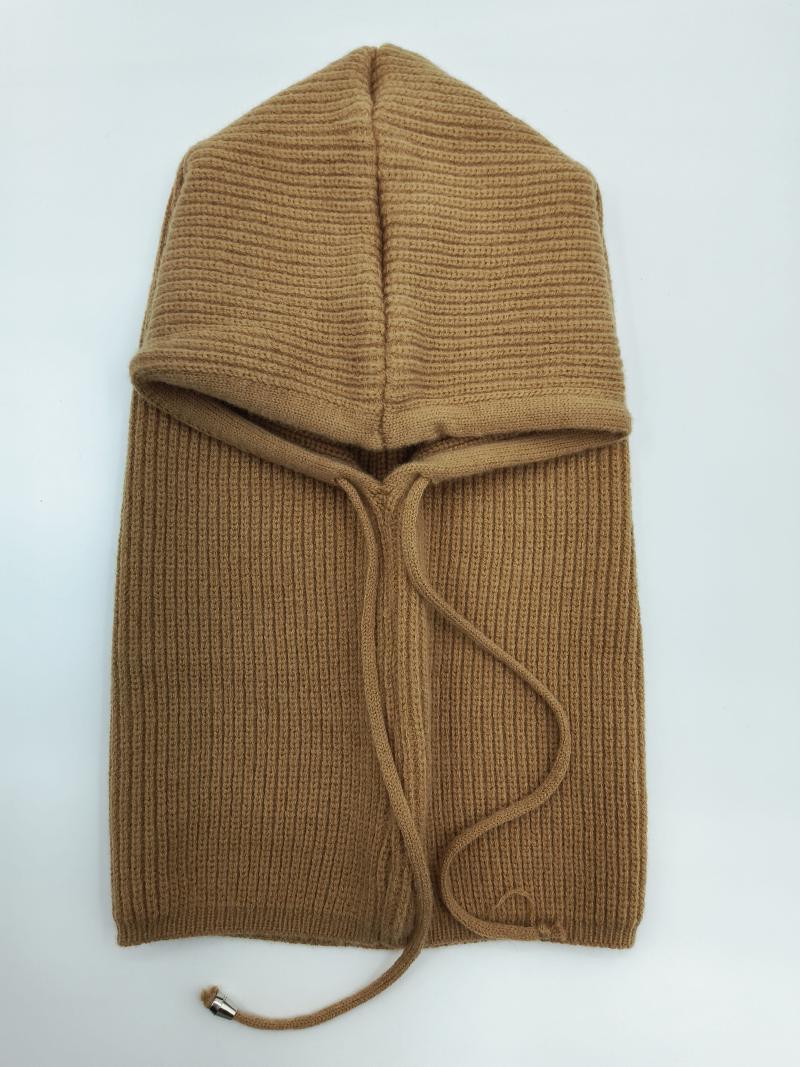 Camel brown ribbed knit balaclava with waffle-texture hood and adjustable drawstring, laid flat on white background