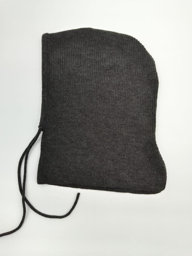 Dark charcoal ribbed knit balaclava hood laid flat on white background, featuring black drawstring ties on the left side