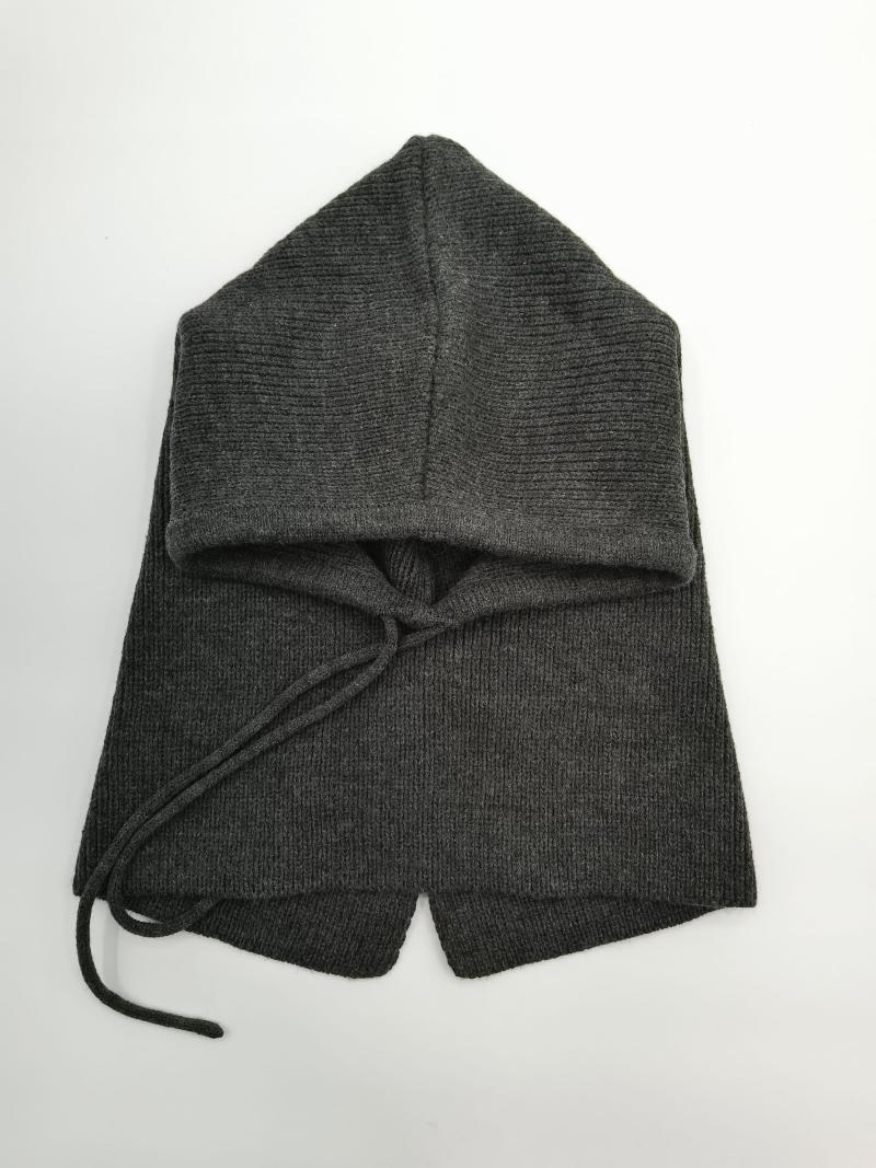 Folded dark gray ribbed knit hooded scarf with drawstring tie, laid flat on white background