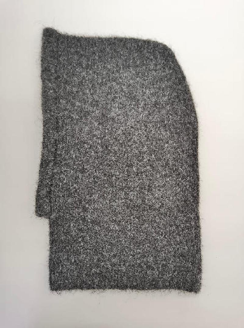 Charcoal grey fuzzy knit balaclava hood laid flat on white background, showing soft textured wool blend fabric