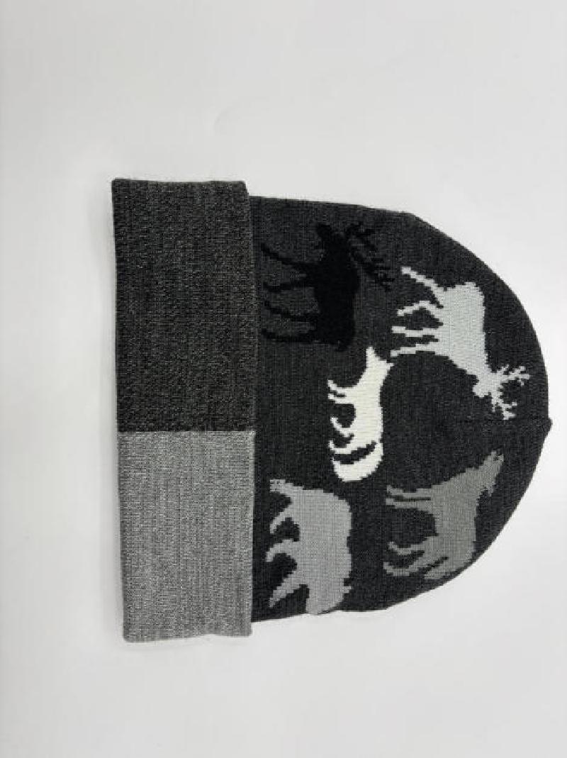 Dark grey knit beanie hat featuring moose, wolf, bear and deer intarsia pattern with two-tone grey folded cuff