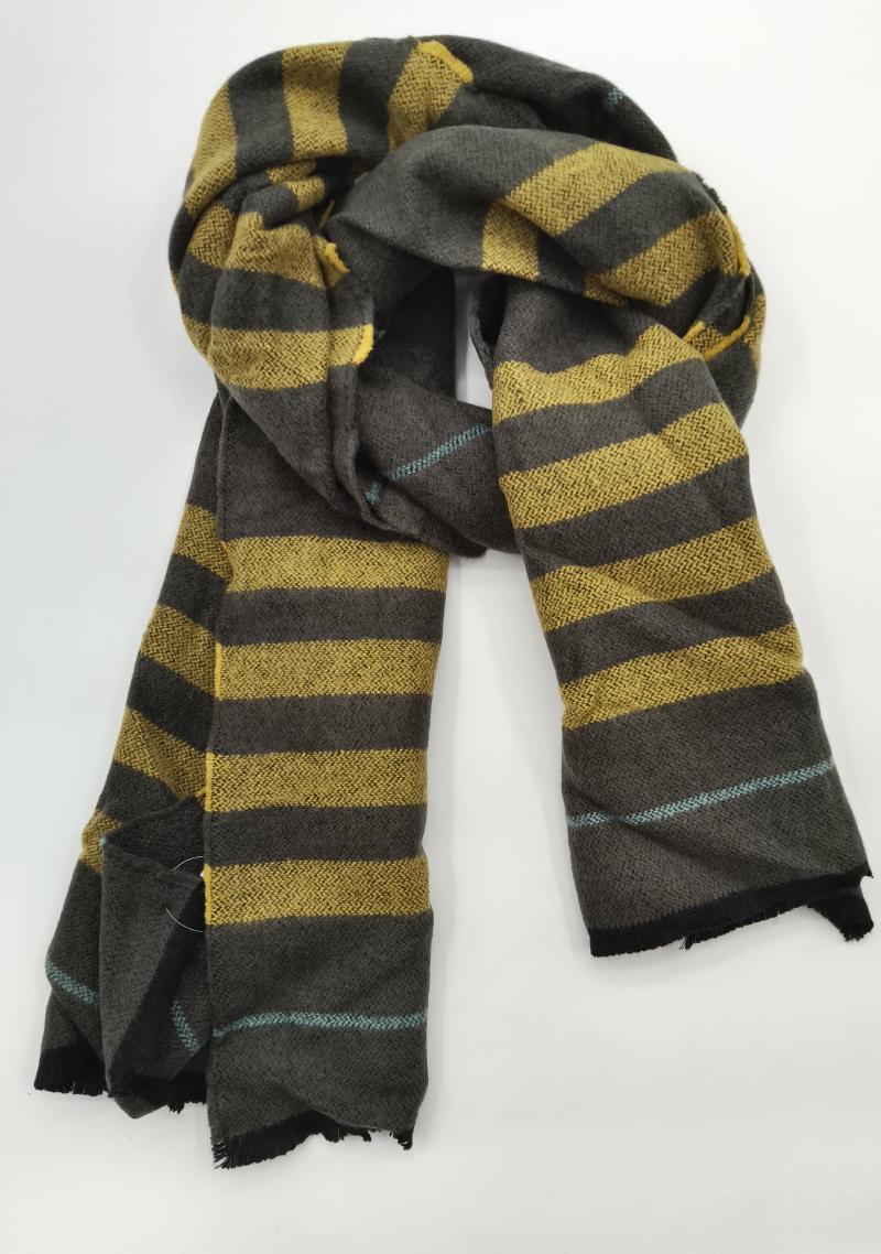 Folded charcoal grey and mustard yellow wide stripe wool blend scarf with teal accent stripe and fringe edges