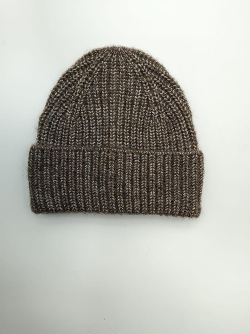 Flat lay of a chunky ribbed knit beanie hat in heathered brown wool blend with a folded cuff on white background