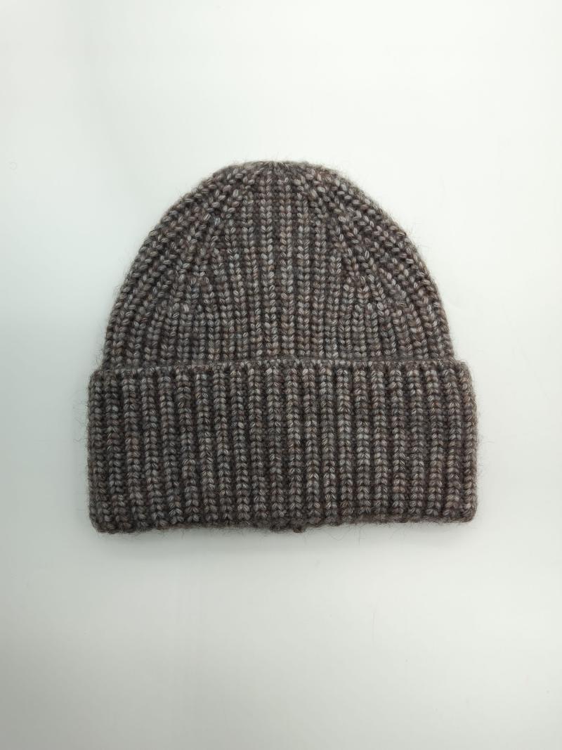 Chunky ribbed knit beanie hat in taupe brown marl wool blend, flat lay on white background with folded cuff