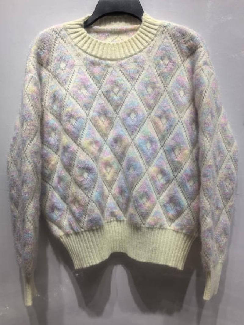 Cream fuzzy knit crewneck sweater with pastel multicolor diamond argyle pattern in pink, blue, lavender, and yellow