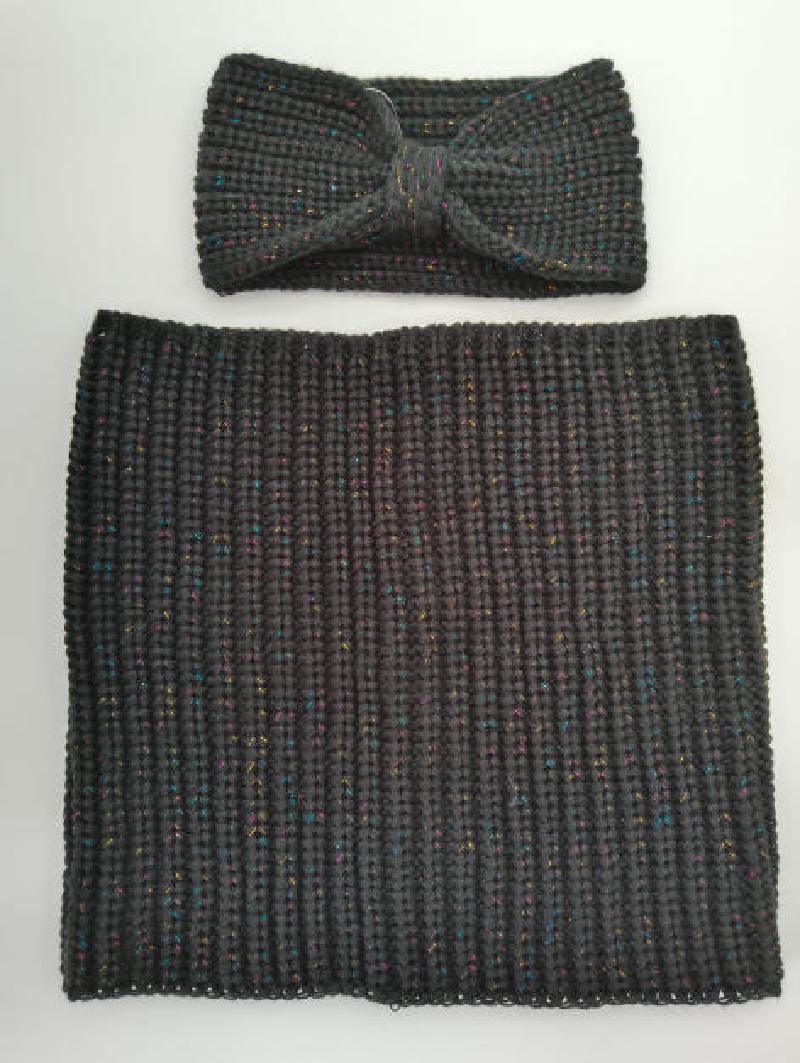 Dark gray chunky knit neck warmer cowl and twisted bow headband set with multicolor metallic speckle detail