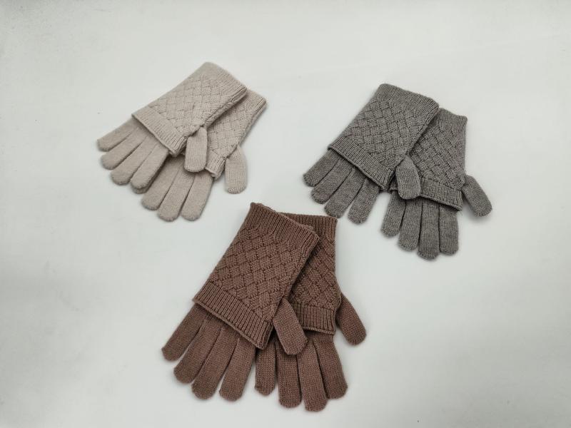 Three pairs of diamond-pattern knit winter gloves in beige, gray, and mauve laid flat on white background