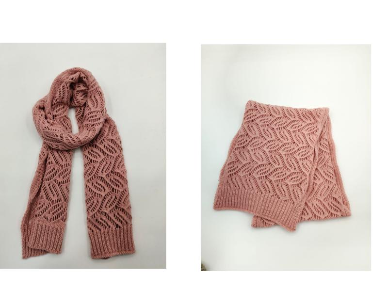 Dusty rose knit scarf with open lace leaf pattern shown draped and folded, featuring ribbed ends