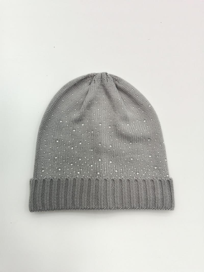 Gray ribbed cuff knit beanie hat scattered with small crystal rhinestone studs on a white background