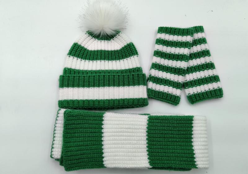 Green and white striped knit winter set including pom pom beanie hat, scarf, and fingerless gloves on white background