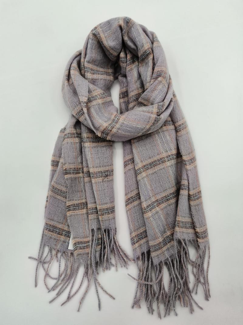 Grey plaid woven scarf with pink and brown stripe accents, twisted loop display with tassel fringe ends on white background
