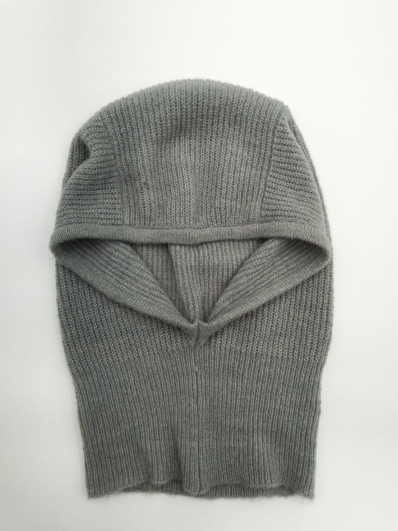 Grey ribbed knit balaclava full face ski mask laid flat on white background, open face design