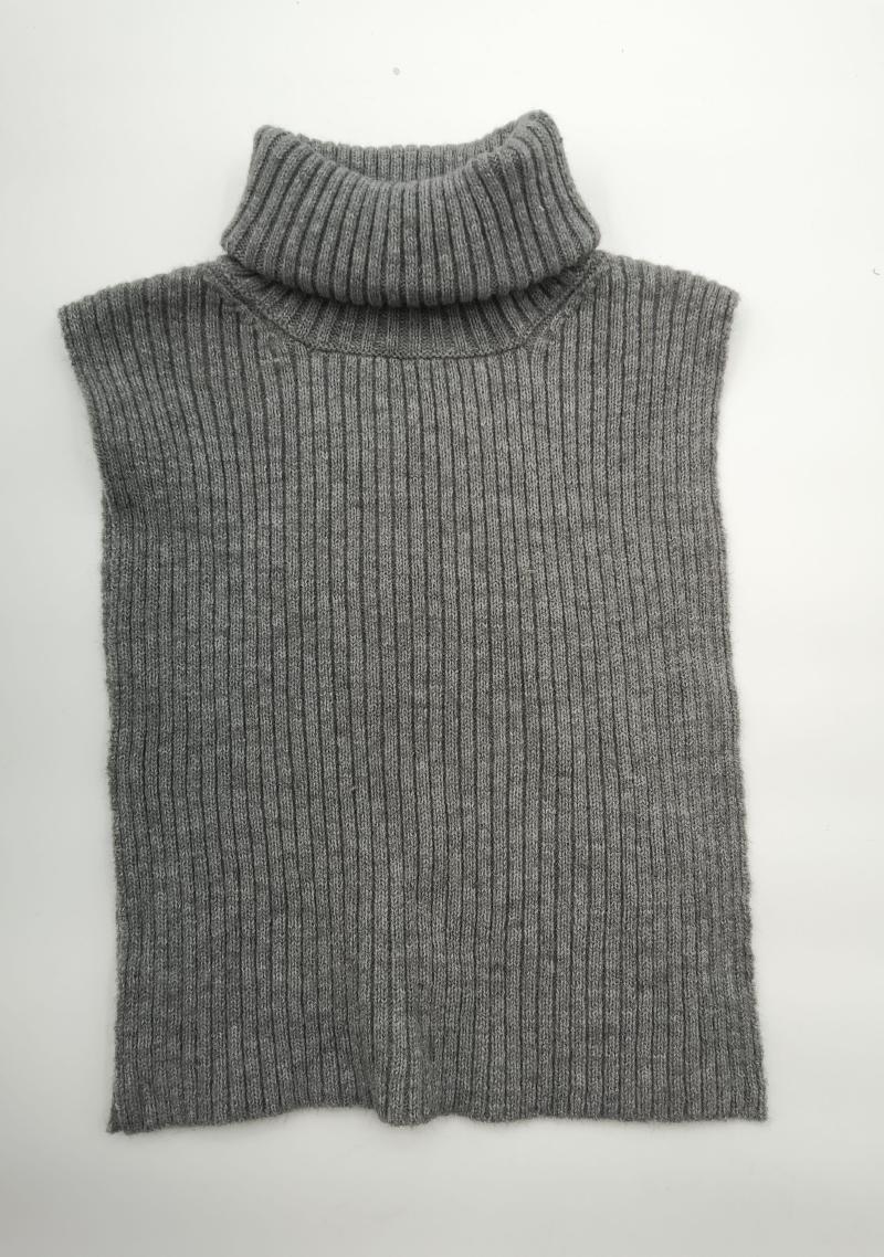 Grey ribbed knit sleeveless turtleneck sweater vest laid flat on white background