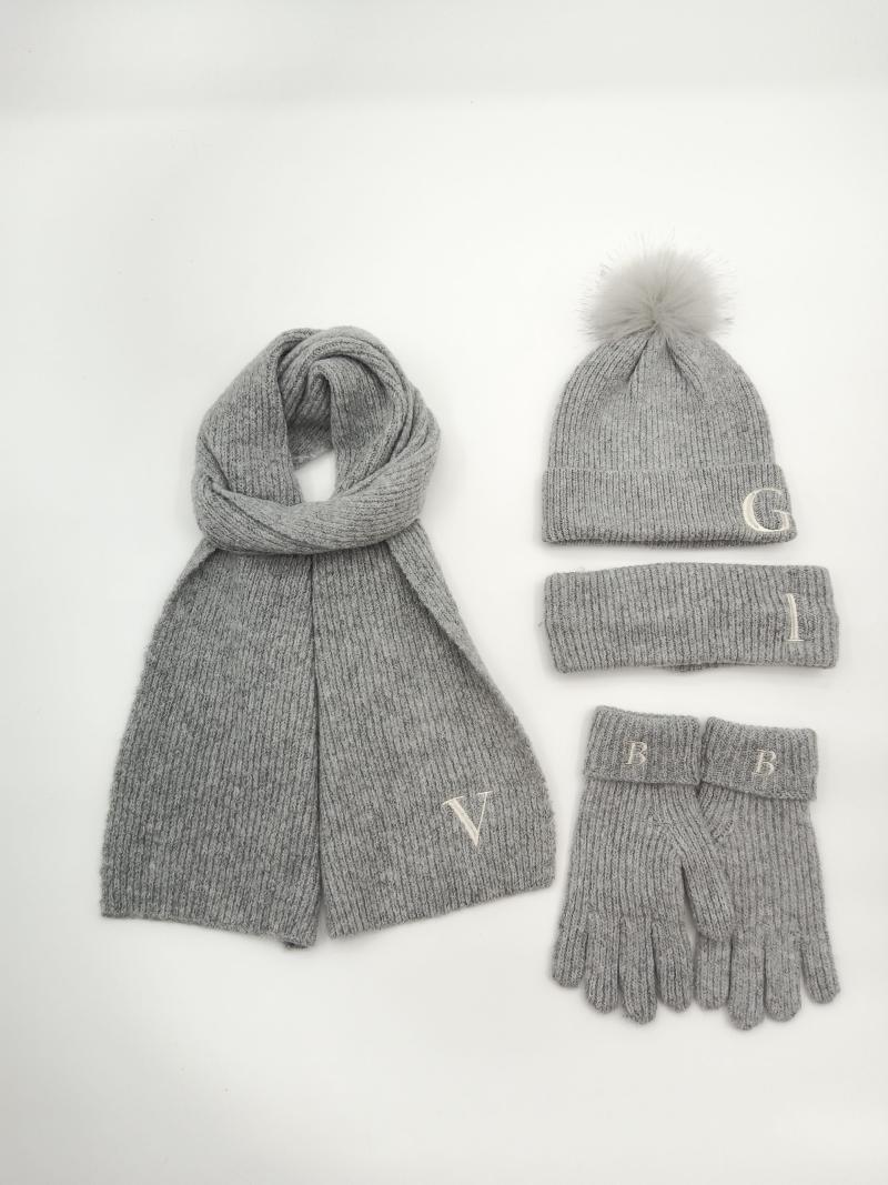 Grey ribbed knit winter accessory set with pom-pom beanie, scarf, headband and gloves with monogram initials