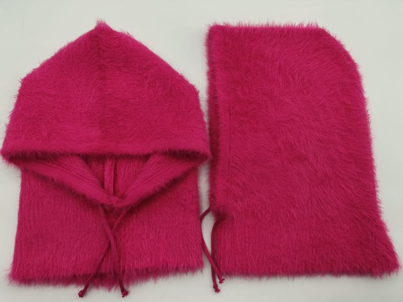 Hot pink fluffy faux fur hooded scarf with drawstring and matching rectangular neck warmer set laid flat