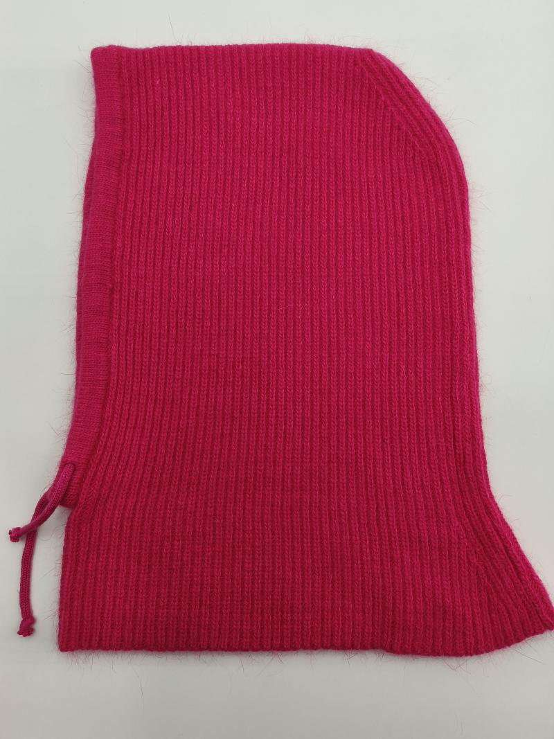 Hot pink ribbed knit balaclava ski hood with drawstring closure, laid flat on white background