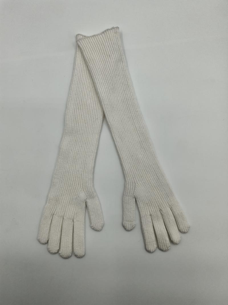 Pair of long ivory ribbed knit opera gloves laid flat on white background, showing full finger and elbow-length design
