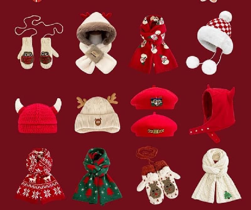 Collection of 12 kids Christmas winter accessories including red knit hats, reindeer beanies, snowman scarves, and mittens on dark red background