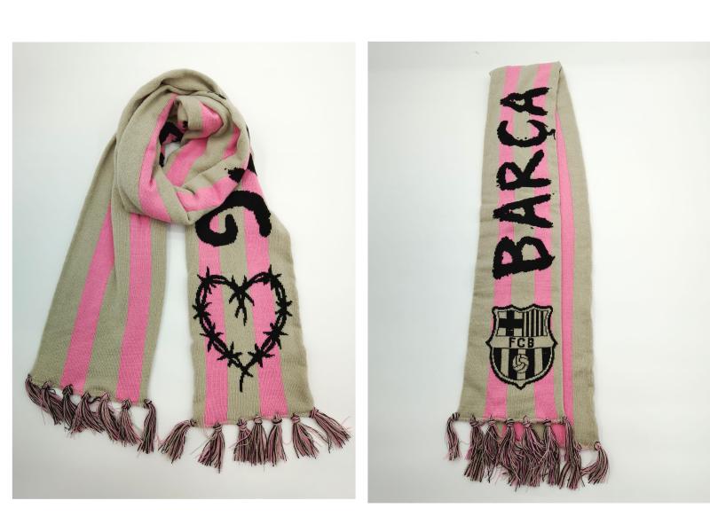Knitted beige and pink striped football fan scarf with Barca FCB crest, heart motif, and twisted fringe tassels, shown front and back