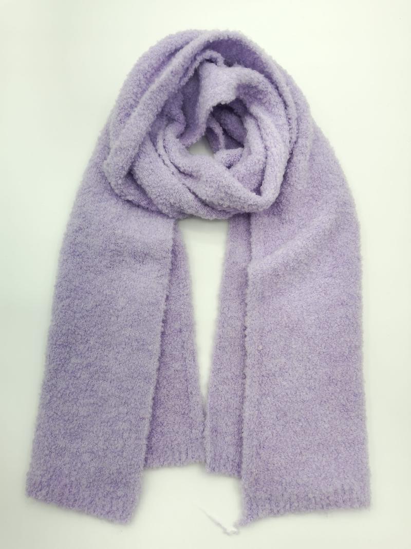 Soft lavender purple boucle knit oversized scarf looped and laid flat on white background