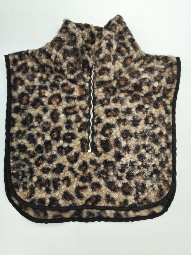 Leopard print sherpa fleece neck warmer dickey with silver half-zip closure and black trim edges, laid flat on white background