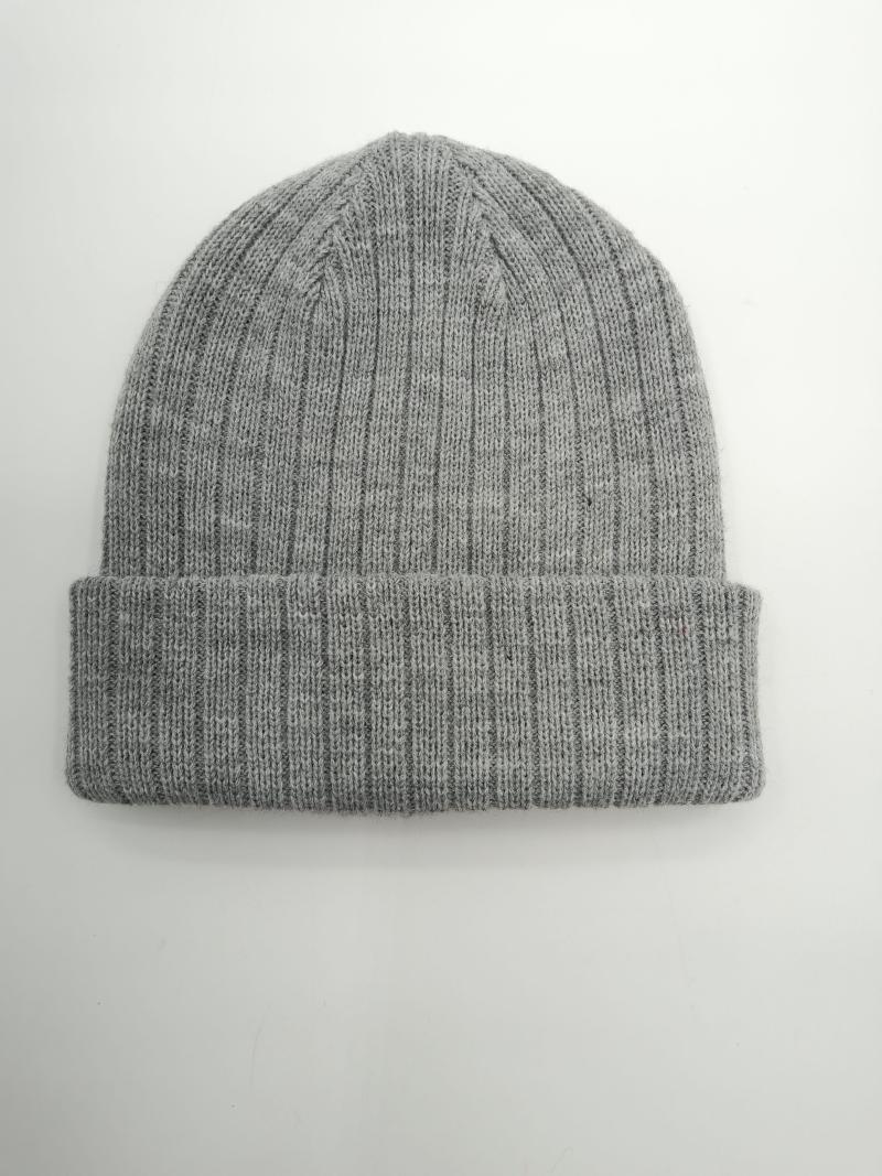 Light grey marl ribbed knit beanie hat with folded cuff, laid flat on white background