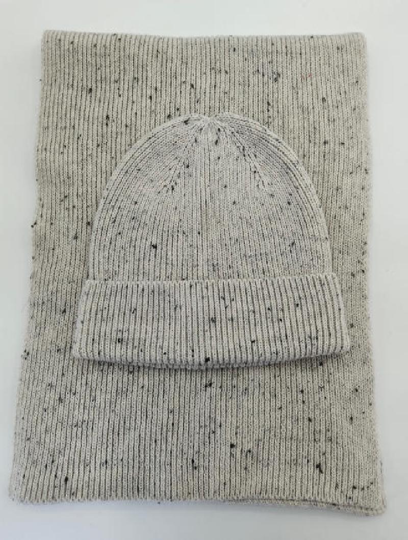 Light grey speckled ribbed knit beanie hat and matching rectangular scarf set laid flat on white background