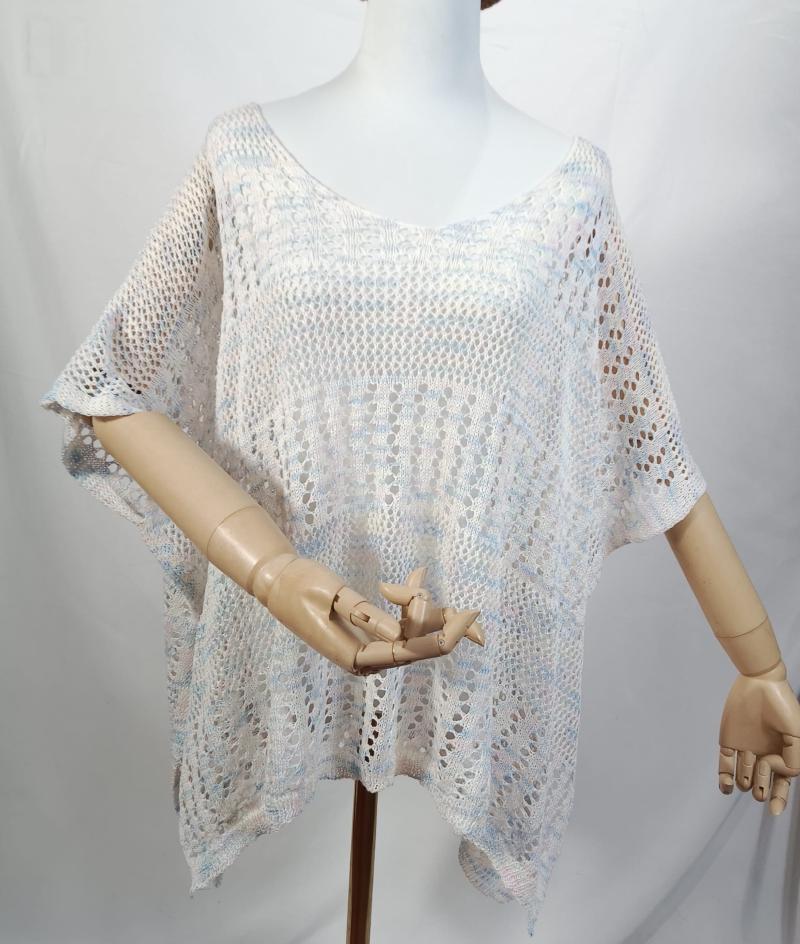 White blue multicolor open-knit crochet poncho top with short sleeves displayed on a mannequin, semi-sheer lace pattern