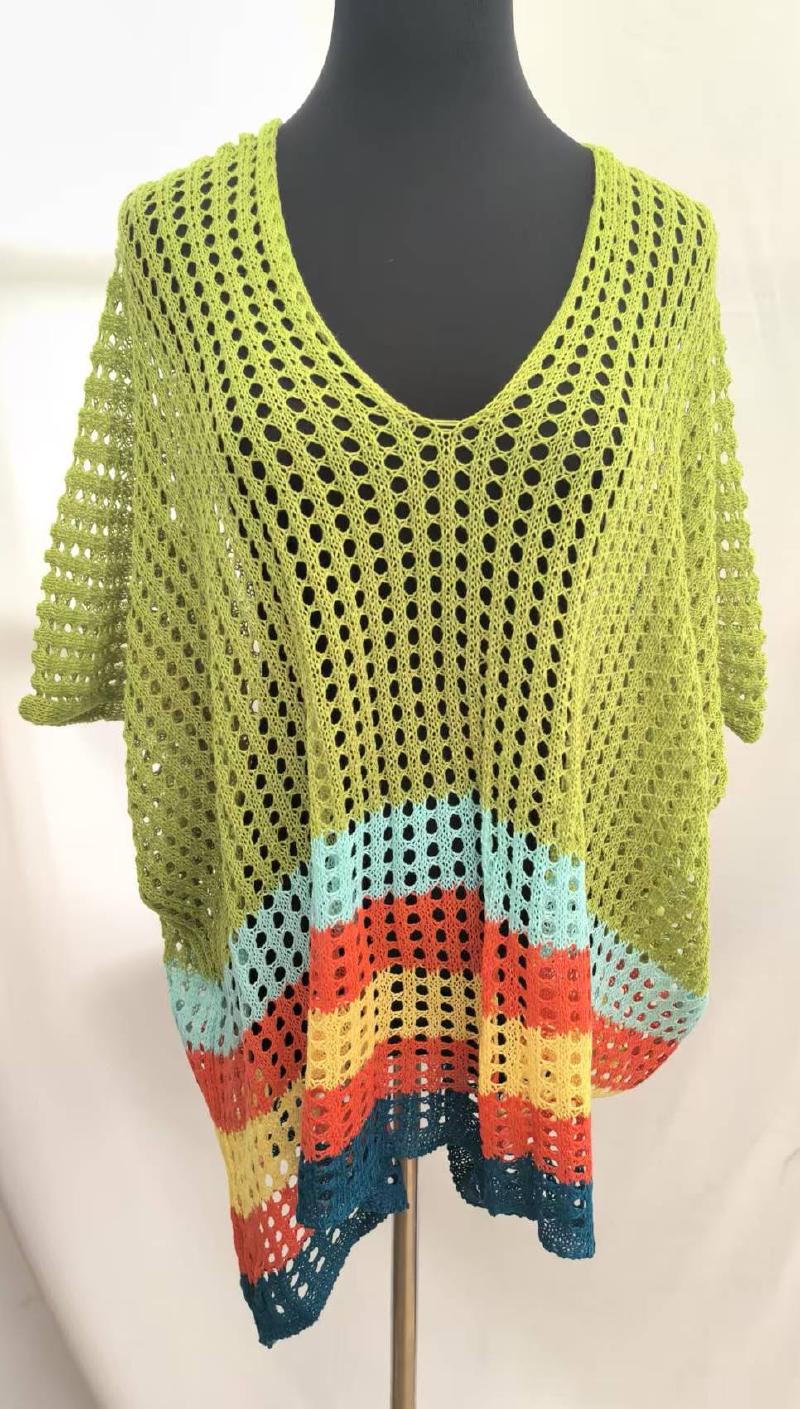 Lime green open-knit crochet mesh top with multicolor stripes in teal, red, orange, and yellow on mannequin