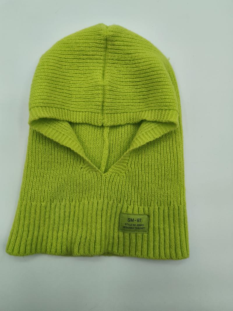Lime green ribbed knit balaclava ski mask laid flat on white background, showing face opening and woven label