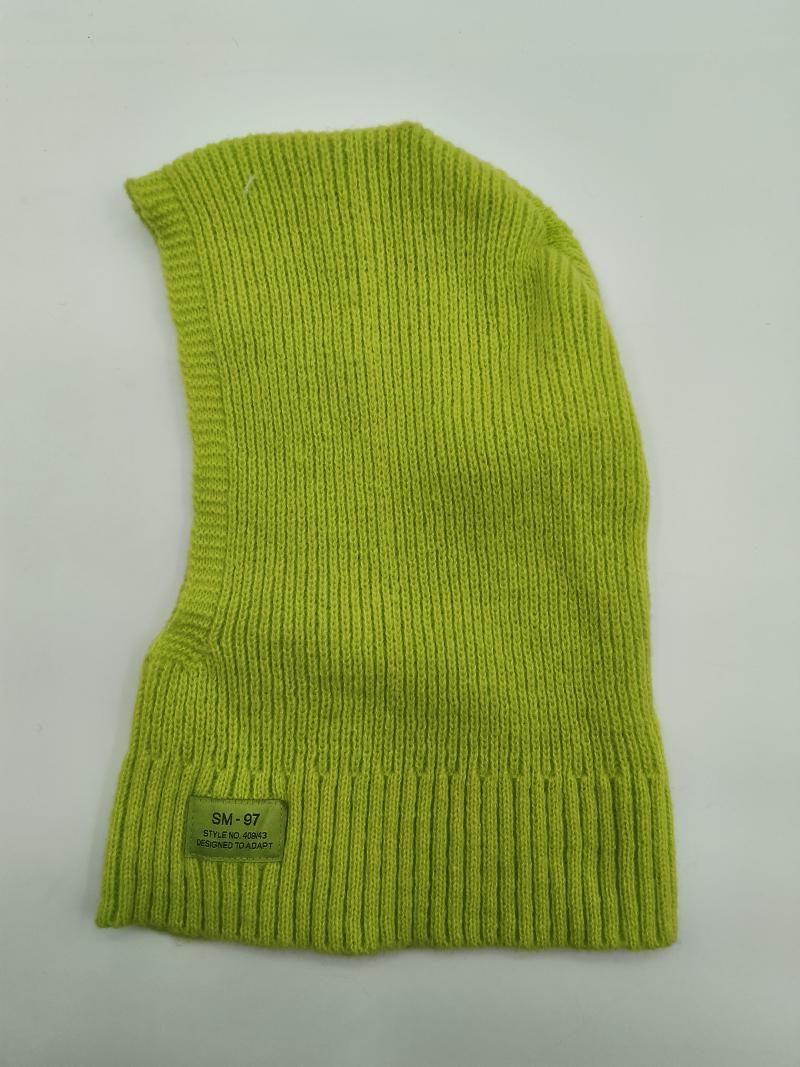 Lime green ribbed knit balaclava full face ski mask laid flat on white background with small label patch