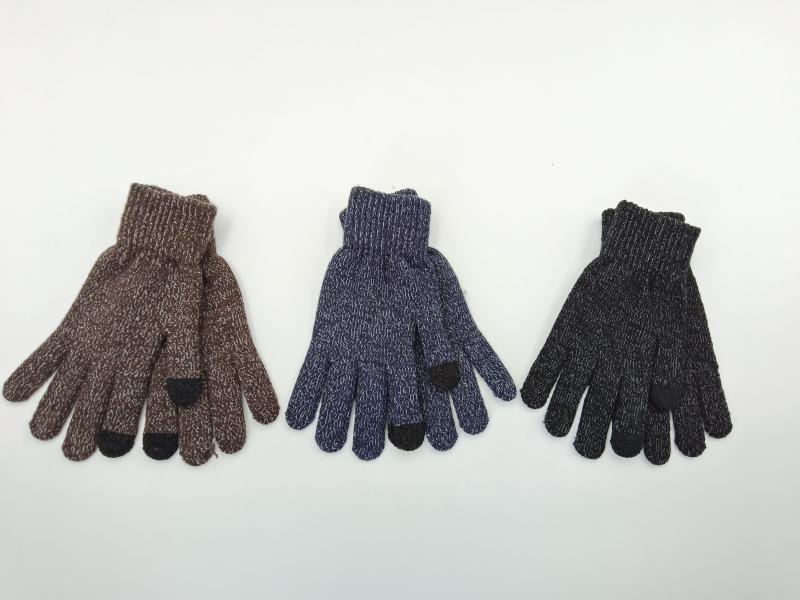 Three pairs of marled knit touchscreen winter gloves in brown, navy blue, and charcoal gray laid flat on white background