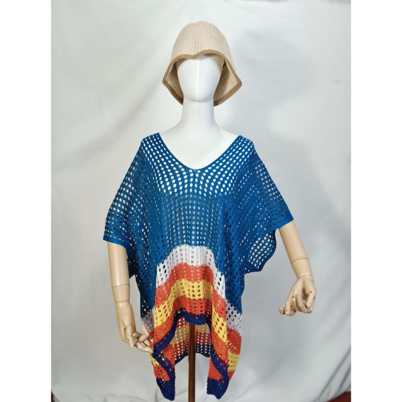 Mannequin wearing blue orange yellow striped crochet mesh poncho beach cover-up with bucket hat on white background