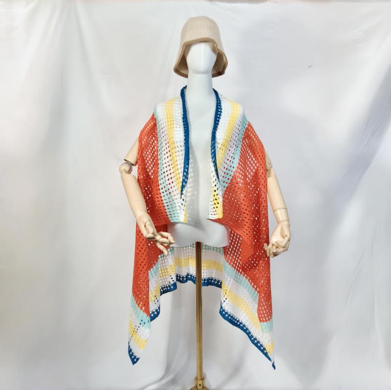 Mannequin wearing a multicolor striped crochet open-front kimono wrap in coral, white, blue, yellow, and teal