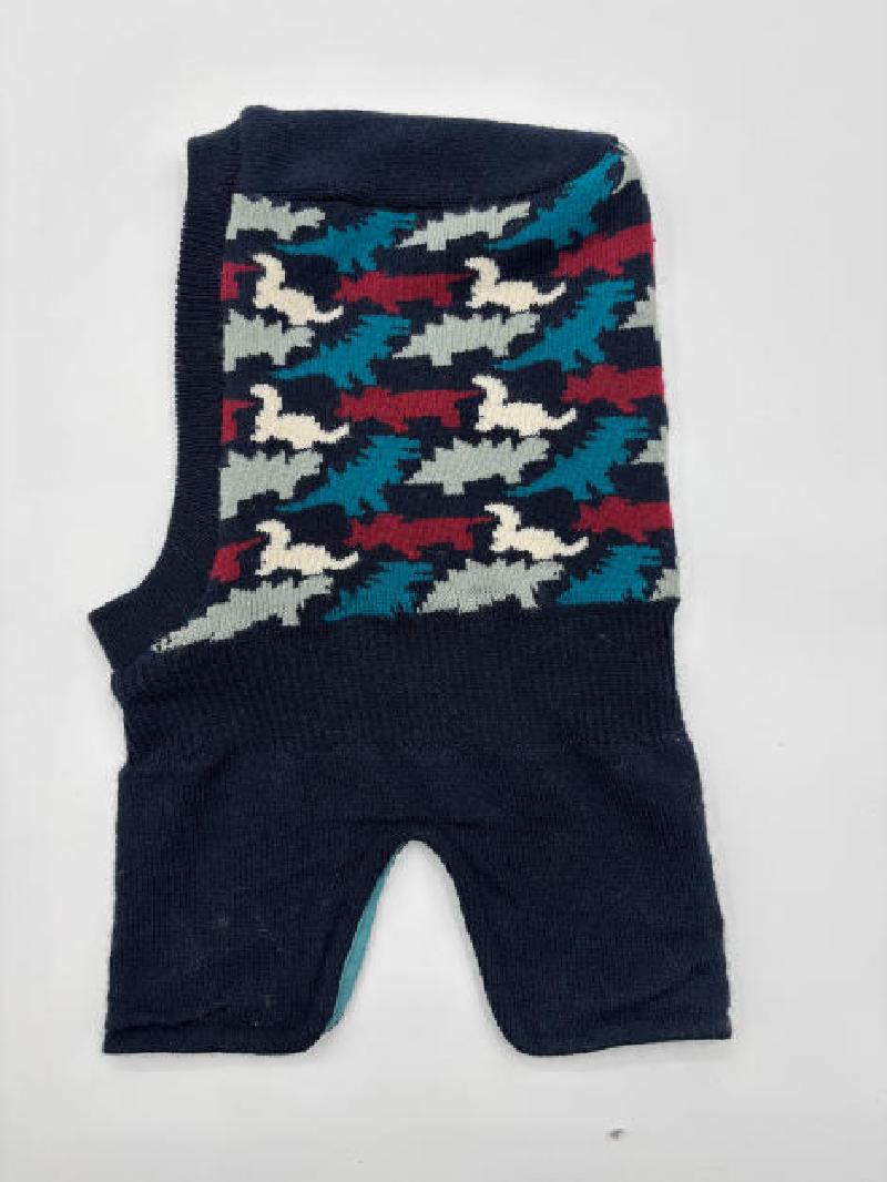Knitted dog sweater vest in navy blue with teal, burgundy, white abstract bird intarsia pattern, laid flat