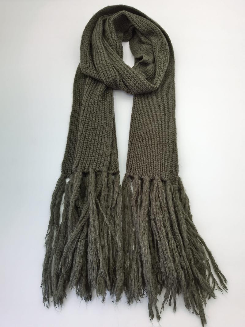 Olive green ribbed knit winter scarf with long twisted fringe tassels at both ends, looped and displayed flat on white background