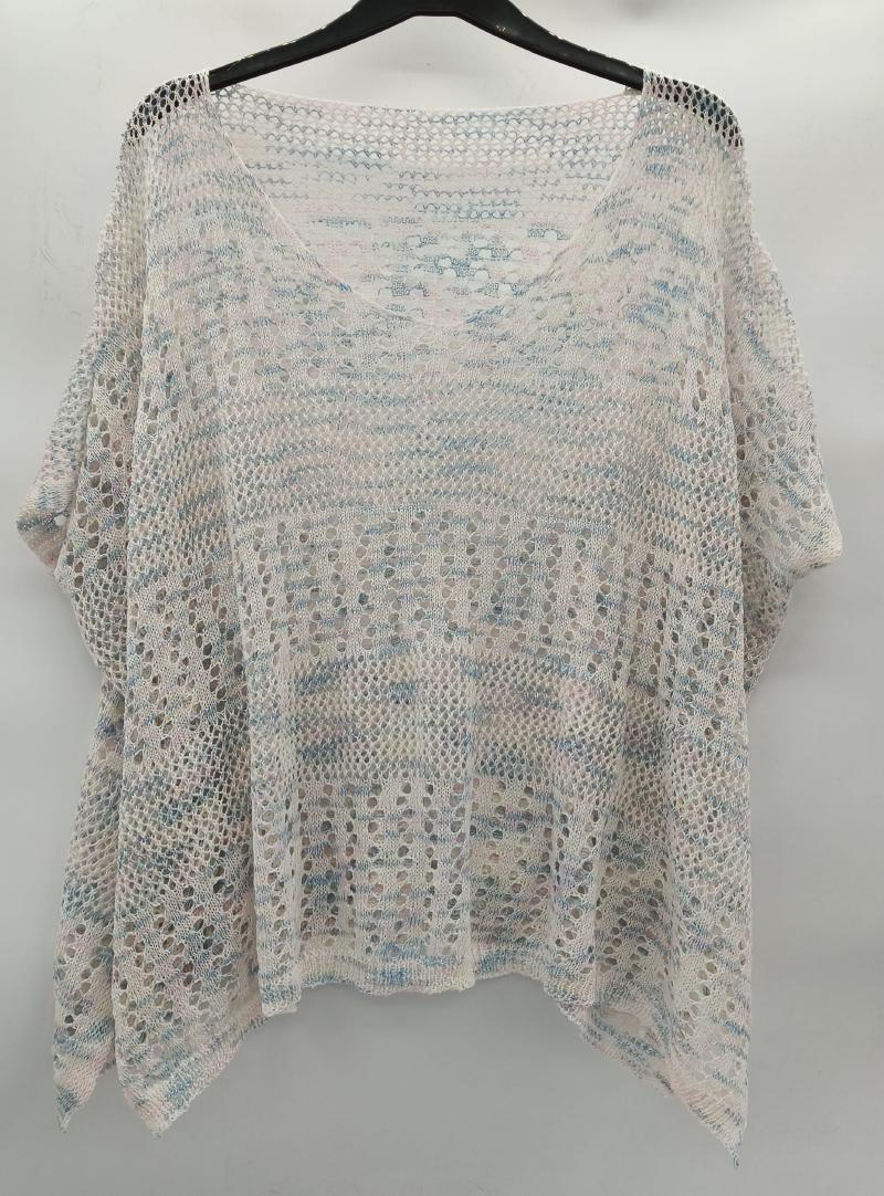 Loose open-knit crochet top in white with blue and pink stripes, batwing sleeves, hanging on black hanger